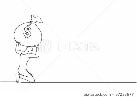 Continuous one line drawing Arab businesswoman carrying heavy money bag on her back. Finance crisis money fall down. Economic crash due to pandemic. Single line draw design vector graphic illustration 97282677