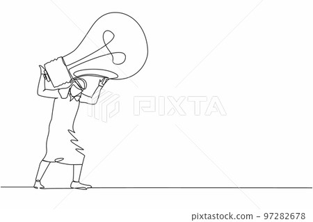 Single one line drawing Arab businessman carrying heavy light bulb on his back. Losing idea or vision after business failure. Exhausted from crisis. Continuous line graphic design vector illustration Single one line drawing Arab businessman carrying heavy light bulb on his back. Losing idea or vision after business failure. Exhausted from crisis. Continuous line graphic design vector illustration 97282678