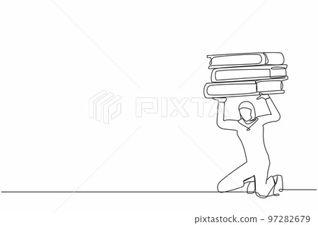 Single continuous line drawing Arabian businesswoman carrying heavy pile of paper folder on her back. Stressed employee with paperwork pressure. Overworked worker. One line design vector illustration 97282679
