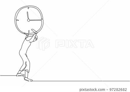 Single continuous line drawing Arab businessman carrying clock on his back. Stressed worker working under pressure to completed business project deadline. One line graphic design vector illustration Single continuous line drawing Arab businessman carrying clock on his back. Stressed worker working under pressure to completed business project deadline. One line graphic design vector illustration 97282682