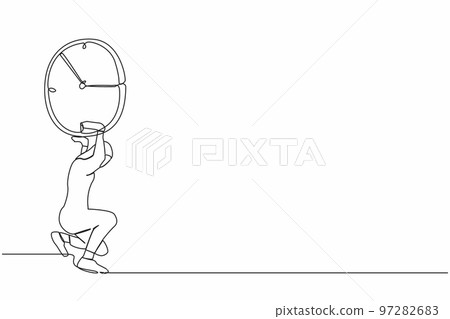 Single continuous line drawing Arab businesswoman carrying heavy clock on her back. Stressed complete work within deadline and timeline. Work under pressure. One line draw design vector illustration Single continuous line drawing Arab businesswoman carrying heavy clock on her back. Stressed complete work within deadline and timeline. Work under pressure. One line draw design vector illustration 97282683