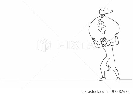Single one line drawing Arabian businessman carrying heavy money bag on his back. Stressed entrepreneur loss money. Financial crisis due to pandemic. Continuous line graphic design vector illustration Single one line drawing Arabian businessman carrying heavy money bag on his back. Stressed entrepreneur loss money. Financial crisis due to pandemic. Continuous line graphic design vector illustration 97282684