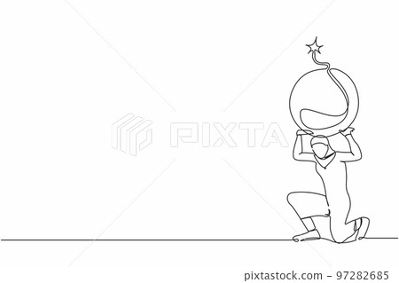 Single one line drawing Arabian businesswoman carrying heavy bomb on her back. Stressed office employee due to debt explosion. Financial crisis problem. Continuous line draw design vector illustration 97282685