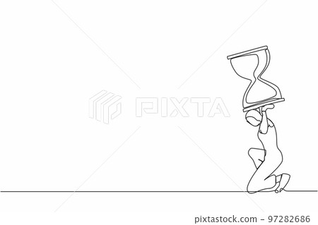 Continuous one line drawing Arabian businesswoman carrying heavy hourglass on her back. Unhappy office clerk has time management problems. Work overload. Single line design vector graphic illustration Continuous one line drawing Arabian businesswoman carrying heavy hourglass on her back. Unhappy office clerk has time management problems. Work overload. Single line design vector graphic illustration 97282686