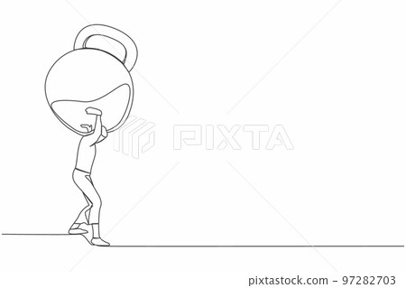 Single continuous line drawing frustrated businesswoman carrying kettlebell on her back. Financial crisis and credit payment. Mental stress, bankruptcy, debt. One line draw design vector illustration Single continuous line drawing frustrated businesswoman carrying kettlebell on her back. Financial crisis and credit payment. Mental stress, bankruptcy, debt. One line draw design vector illustration 97282703