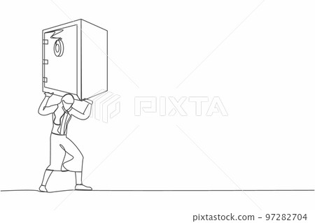 Single one line drawing frustrated businesswoman carrying heavy safe deposit box on her back. Money loss due to pandemic crisis. Debt and bankruptcy. Continuous line graphic design vector illustration Single one line drawing frustrated businesswoman carrying heavy safe deposit box on her back. Money loss due to pandemic crisis. Debt and bankruptcy. Continuous line graphic design vector illustration 97282704