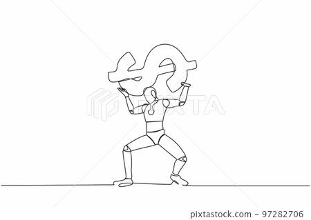 Single continuous line drawing tired robot carrying heavy dollar symbol on his back. Overworked robot in economic crisis, debt pressure. Cyborg development. One line graphic design vector illustration Single continuous line drawing tired robot carrying heavy dollar symbol on his back. Overworked robot in economic crisis, debt pressure. Cyborg development. One line graphic design vector illustration 97282706