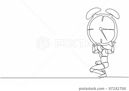 Single one line drawing tired robot carrying heavy alarm clock on his back. Work pressure at tech business project. Robotic artificial intelligence. Continuous line graphic design vector illustration Single one line drawing tired robot carrying heavy alarm clock on his back. Work pressure at tech business project. Robotic artificial intelligence. Continuous line graphic design vector illustration 97282708