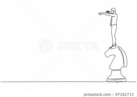 Single one line drawing of businessman on top of horse chess piece using telescope looking for success, opportunities, future trends. Business strategy. Continuous line draw design vector illustration 97282713