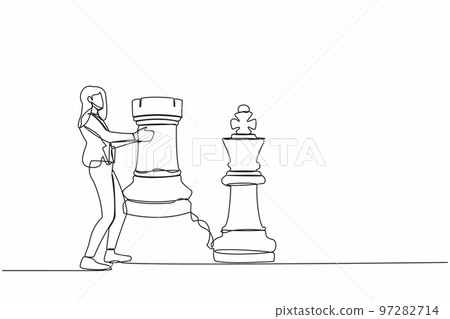 Single continuous line drawing businesswoman holding rook chess piece. Strategic planning, business development strategy, tactics in entrepreneurship. One line draw graphic design vector illustration Single continuous line drawing businesswoman holding rook chess piece. Strategic planning, business development strategy, tactics in entrepreneurship. One line draw graphic design vector illustration 97282714