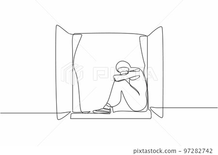 Single one line drawing desperate young Arab woman sitting on windowsill. Upset, depression, stress, melancholy, despair, frustration, life problems. Continuous line design graphic vector illustration 97282742