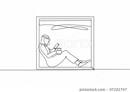 Single one line drawing young Arab man sitting on windowsill with smartphone and coffee, enjoying rest at home. Comfortable relax time with hot drink. Continuous line draw design vector illustration 97282747