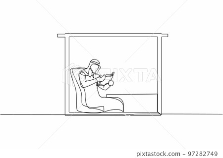 Continuous one line drawing Arab man sitting in chair reading classic literature book. Businessman reader. Sitting in armchair near window in living room. Single line draw design vector illustration 97282749