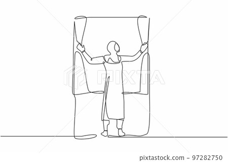 Continuous one line drawing back view of young Arabian woman standing and opening window curtains. Concept of person wake up in morning to get fresh air. Single line design vector graphic illustration 97282750