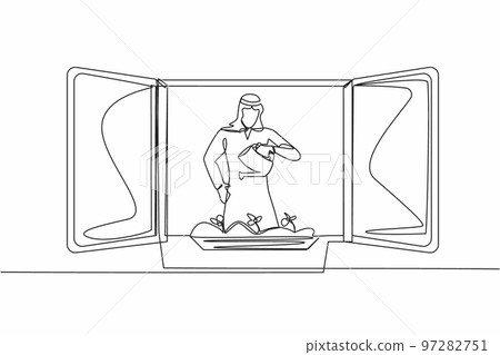 Continuous one line drawing Arab man watering flowers on the balcony. Young guy doing gardening favorite hobby. Home green garden, house plants growing. Single line design vector graphic illustration 97282751