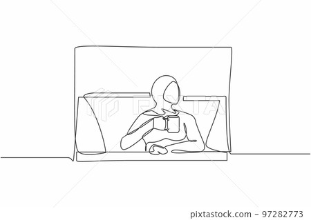 Continuous one line drawing young Arab woman enjoy hot coffee or tea. Female holding mug and looking outside through window while sitting on windowsill. Single line design vector graphic illustration Continuous one line drawing young Arab woman enjoy hot coffee or tea. Female holding mug and looking outside through window while sitting on windowsill. Single line design vector graphic illustration 97282773