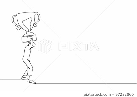 Single continuous line drawing Arab businesswoman carrying heavy trophy on her back. Female worker fail to achieve goal. Delayed career path at office. One line draw graphic design vector illustration Single continuous line drawing Arab businesswoman carrying heavy trophy on her back. Female worker fail to achieve goal. Delayed career path at office. One line draw graphic design vector illustration 97282860