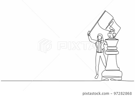 Single one line drawing businesswoman waving flag on king chess piece metaphor of win competition. Tactical advantage, successful entrepreneurship tactics. Continuous line design vector illustration Single one line drawing businesswoman waving flag on king chess piece metaphor of win competition. Tactical advantage, successful entrepreneurship tactics. Continuous line design vector illustration 97282868