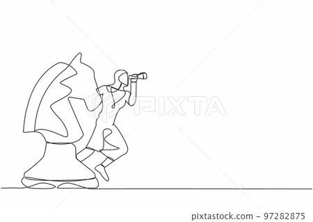 Continuous one line drawing Arab businesswoman leader standing on horse chess piece using telescope to see business vision. Looking for opportunity. Single line draw design vector graphic illustration 97282875