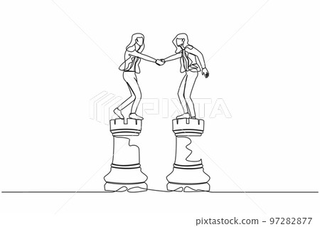 Continuous one line drawing businesswoman leader shaking hand on rook chess, metaphor of agreement. Collaboration strategy to success together concept. Single line design vector graphic illustration 97282877