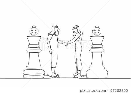 Continuous one line drawing two Arab businessmen shaking hands together while standing between of king chess pieces. Agreement or partnership decision. Single line design vector graphic illustration 97282890