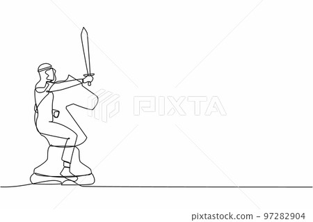 Continuous one line drawing Arabian businessman riding big horse chess piece with sword. Business strategy, winning competition, achievement goal concept. Single line draw design vector illustration 97282904