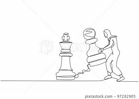 Continuous one line drawing Arab businesswoman lifting pawn chess piece to beat king chess. Strategic planning, business development strategy, tactics in game. Single line design vector illustration 97282905