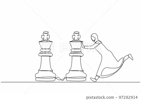 Continuous one line drawing active Arab businesswoman push huge king chess piece to beat another king. Business strategy, marketing plan, winning game play. Single line draw design vector illustration 97282914