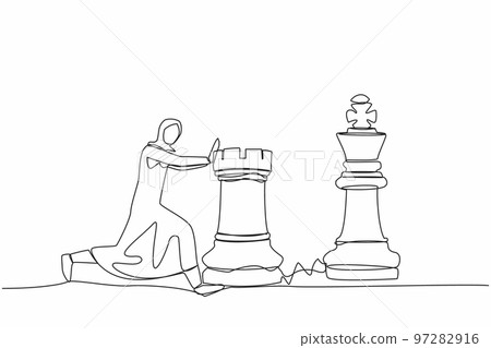 Single one line drawing Arabian businesswoman push huge rook chess piece to beat king. Business strategy to winning market competition. Strategic move. Continuous line draw design vector illustration 97282916