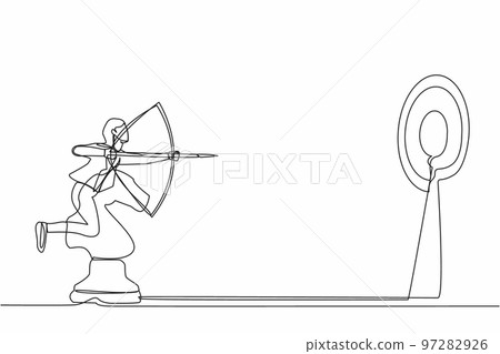 Continuous one line drawing precise businesswoman holding archery and aiming target while riding horse chess piece. Strategic move for winning competition. Single line draw design vector illustration Continuous one line drawing precise businesswoman holding archery and aiming target while riding horse chess piece. Strategic move for winning competition. Single line draw design vector illustration 97282926