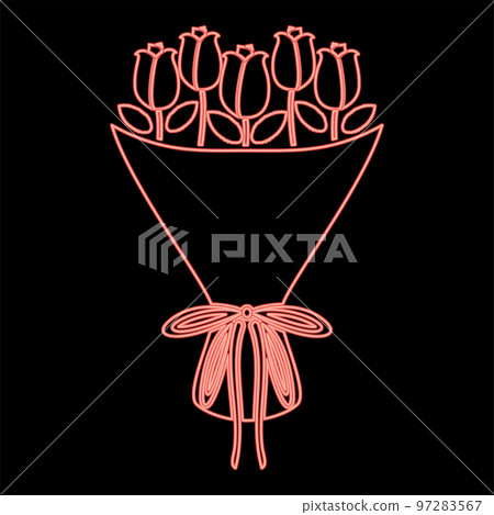 Neon bouquet of flowers Bouquet of roses Present concept Bouquet of rose flower red color vector illustration image flat style 97283567