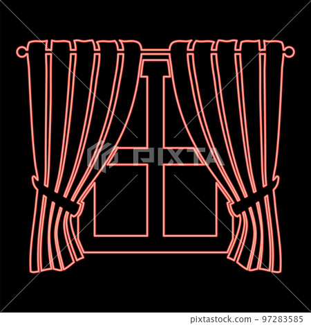 Neon curtains and window Interior concept Home window view decoration Waving curtains on window red color vector illustration image flat style 97283585