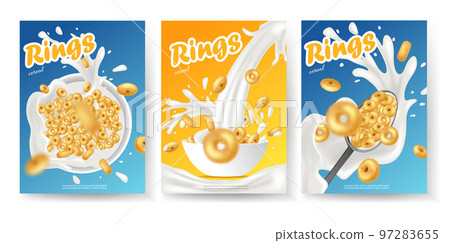 Breakfast cereal realistic poster set with rings isolated. Concept of healthy breakfast. 3d ring cereals or cheerios ad template. 97283655