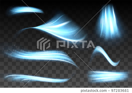 Abstract wind swirls with gold sparkles isolated. Vector realistic set of magic air vortex, light twirls with particles. Design element of fresh and clean 97283681