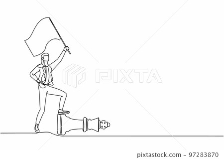 Single continuous line drawing businesswoman waving flag and overcoming other corporation piece. Defeat competitor in business as winning chess game. One line draw graphic design vector illustration Single continuous line drawing businesswoman waving flag and overcoming other corporation piece. Defeat competitor in business as winning chess game. One line draw graphic design vector illustration 97283870