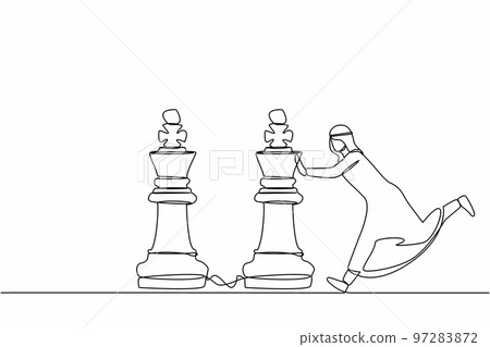 Single continuous line drawing competitive Arabian businessman push huge king chess piece to beat another king. Business strategy and marketing plan concept. One line draw design vector illustration 97283872