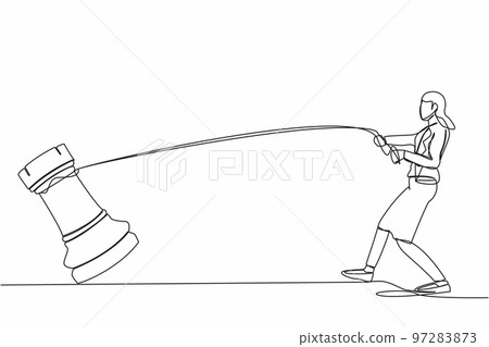 Single one line drawing young businesswoman pulling big rook chess with rope. Business achievement goal, idea, strategy, competitive, strategic concept. Continuous line draw design vector illustration Single one line drawing young businesswoman pulling big rook chess with rope. Business achievement goal, idea, strategy, competitive, strategic concept. Continuous line draw design vector illustration 97283873