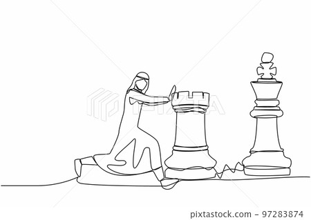 Single one line drawing competitive Arab businessman push huge rook chess piece to beat king. Business strategy and marketing plan. Strategic move. Continuous line design graphic vector illustration 97283874