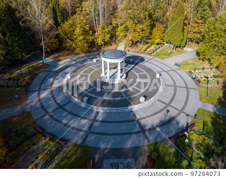 Dabrowa Gornicza Aerial View. Park Zielona ( Green Park ) at Autumn Time. Top Down View of Autumn Forest with Green and Yellow Trees. Upper Silesia Province, Poland. Dabrowa Gornicza Aerial View. Park Zielona ( Green Park ) at Autumn Time. Top Down View of Autumn Forest with Green and Yellow Trees. Upper Silesia Province, Poland. 97284073