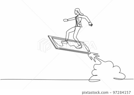 Continuous one line drawing businesswoman riding clipboard rocket flying in the sky. Checklist data analyze of employee status. Company development. Single line draw design vector graphic illustration Continuous one line drawing businesswoman riding clipboard rocket flying in the sky. Checklist data analyze of employee status. Company development. Single line draw design vector graphic illustration 97284157