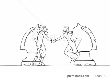 Continuous one line drawing Arabian businessman competitors standing on horse chess piece, handshaking after finish agreement. Negotiation skill and partnership. Single line design vector illustration 97284180