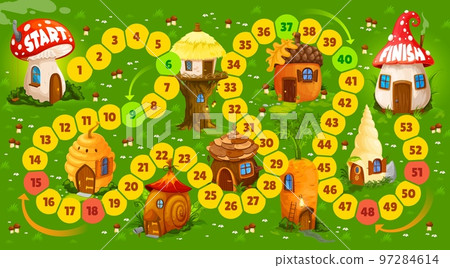 Kids boardgame with mushroom, acorn, carrot, beehive, snail and shell houses. Vector step board game with numbered snake path, walk puzzle for family or children activity. Dice riddle with fairy homes 97284614