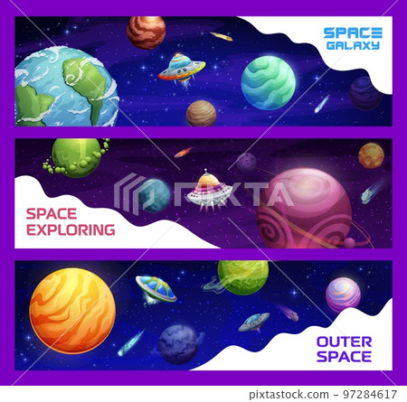 Cartoon space planets and ufo. Vector banners with alien saucers in galaxy. Funny background with extraterrestrial shuttles and cosmic objects in universe, interstellar travel, outer space exploration Cartoon space planets and ufo. Vector banners with alien saucers in galaxy. Funny background with extraterrestrial shuttles and cosmic objects in universe, interstellar travel, outer space exploration 97284617