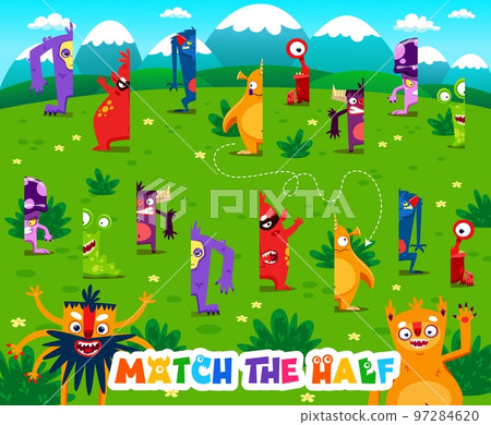Match the half of cartoon monster characters. Vector game worksheet with cute funny aliens on green summer field. Find the correct pieces of colorful fluffy and toothy spooky personages Match the half of cartoon monster characters. Vector game worksheet with cute funny aliens on green summer field. Find the correct pieces of colorful fluffy and toothy spooky personages 97284620