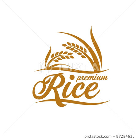 Rice icon. Organic food and farm market sign, natural nutrition products shop vector emblem or symbol. Farming and agriculture company simple icon with graphic rice cereal ears 97284633