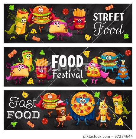 Cartoon fast food superhero characters. Street restaurant meals, takeaway food vector horizontal banner with burrito, hamburger, taco and french fries, pizza, chicken leg and coffee funny personages 97284644