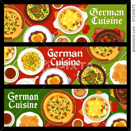 German cuisine restaurant banners. Black tea, liver with apple sauce and sausage casserole, almond cookies, beef beer stew and pork pasta soup Eintopf, potato salad with mustard, onion bacon pie German cuisine restaurant banners. Black tea, liver with apple sauce and sausage casserole, almond cookies, beef beer stew and pork pasta soup Eintopf, potato salad with mustard, onion bacon pie 97284675