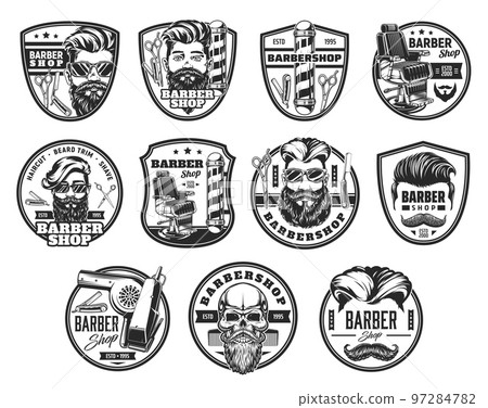 Barbershop icons, barber shop or vintage hair and beard man salon vector signs. Barbershop symbols with razor blade, skull and scissors, man haircut with beard and mustaches, rate stars and ribbons Barbershop icons, barber shop or vintage hair and beard man salon vector signs. Barbershop symbols with razor blade, skull and scissors, man haircut with beard and mustaches, rate stars and ribbons 97284782