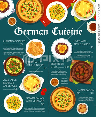 German cuisine menu page design. Liver with apple sauce, potato salad with mustard and vegetable sausage casserole, black tea, beef stew and onion bacon pie, almond cookies, pork pasta soup Eintopf German cuisine menu page design. Liver with apple sauce, potato salad with mustard and vegetable sausage casserole, black tea, beef stew and onion bacon pie, almond cookies, pork pasta soup Eintopf 97284786
