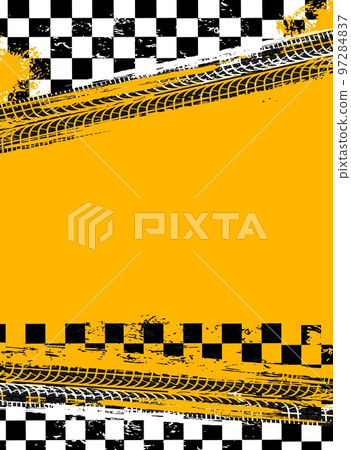 Grunge race sport flag background. Vector design with black racing tire tracks, checkered rally flag on yellow backdrop. Off road tyre prints, car protectors treads, spots or marks for motocross promo 97284837